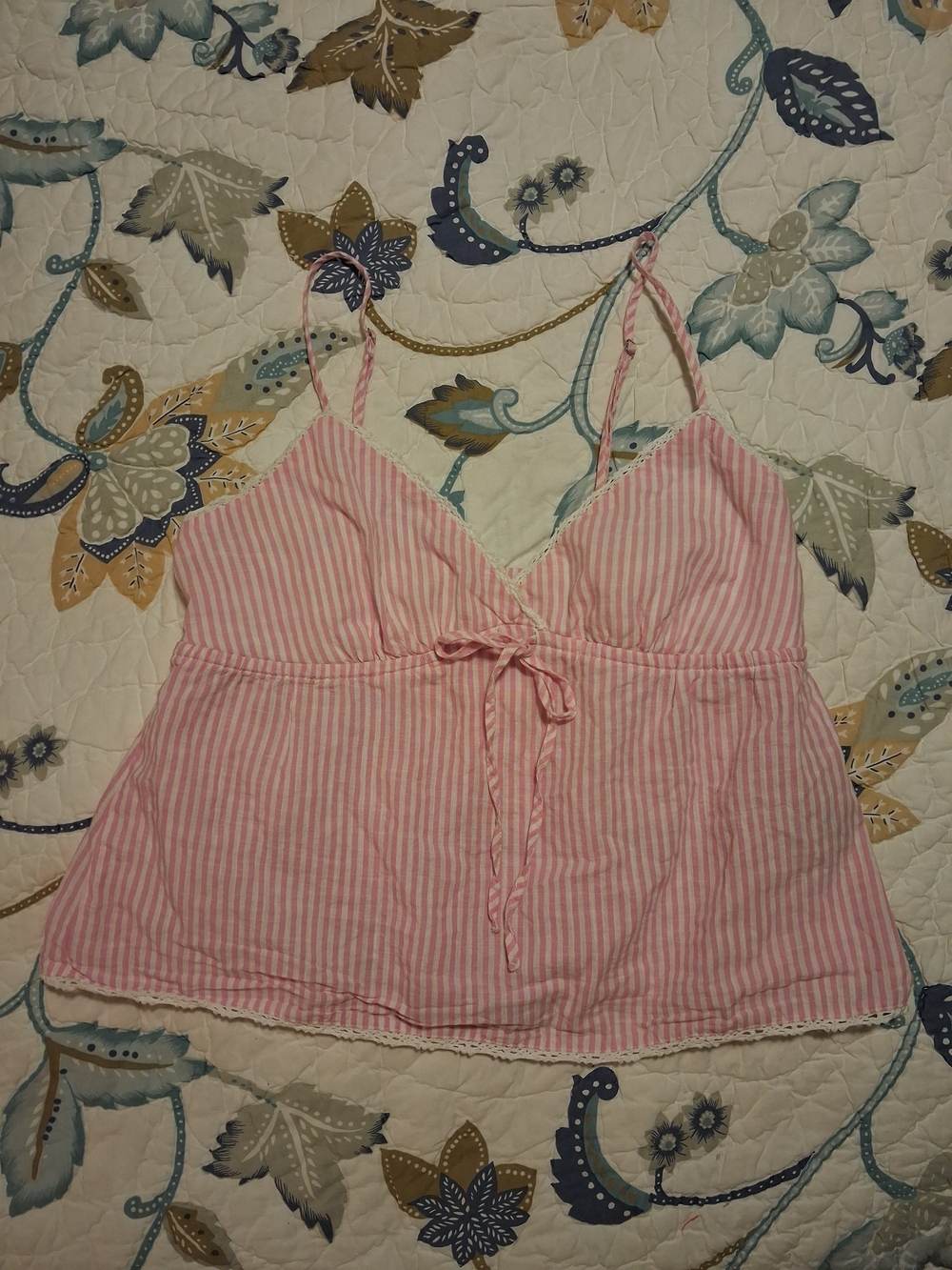 Pink and White Striped Tank Top with Lace Trim